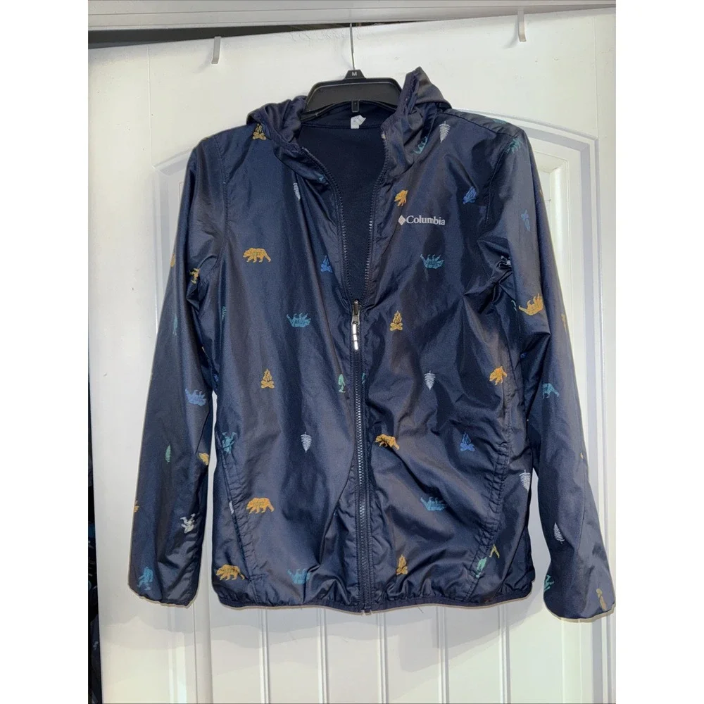 Columbia Windbreaker Reversible Boys Jacket L Camping Theme Navy Blue Zip Up